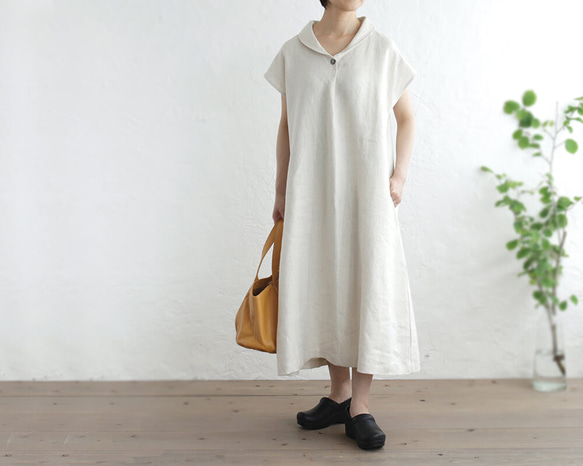 亞麻披肩領連衣裙寬鬆 A 字型 OP06。 第1張的照片
