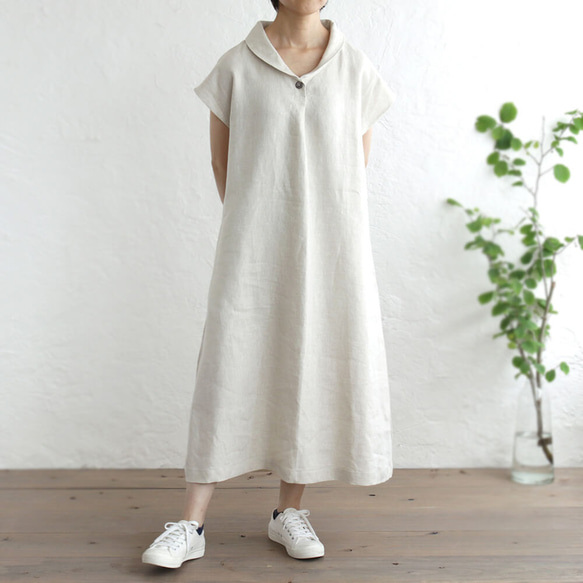 亞麻披肩領連衣裙寬鬆 A 字型 OP06。 第4張的照片
