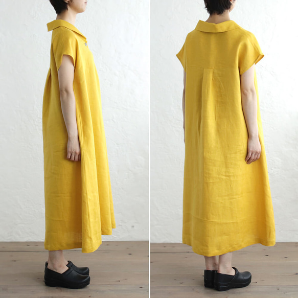 亞麻披肩領寬鬆A字連衣裙（黃色）OP06。 第5張的照片
