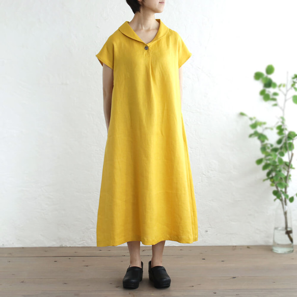 亞麻披肩領寬鬆A字連衣裙（黃色）OP06。 第4張的照片