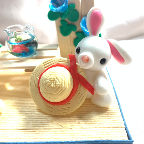 円窓プレート♡着物うさぎちゃん夏アレンジプレート飾り 円窓プレート