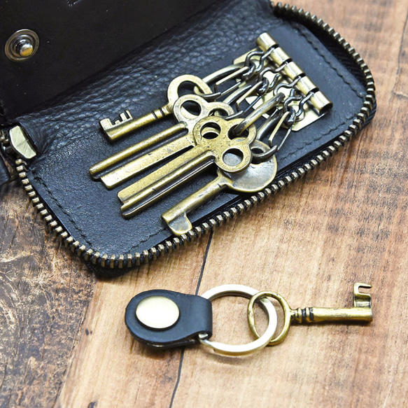 鑰匙包栃木皮革圓形拉鍊智能鑰匙 4 排鑰匙圈名稱真皮 5 色 JAK087 第8張的照片