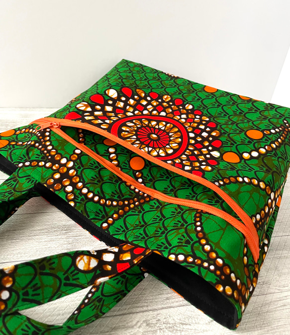 ♦︎再販♦︎ アフリカ布　トートバック　マリーゴールド　グリーン　アフリカン 8枚目の画像