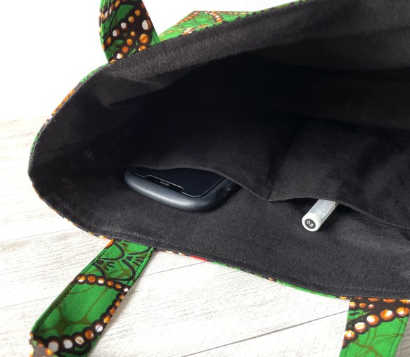♦︎再販♦︎ アフリカ布　トートバック　マリーゴールド　グリーン　アフリカン 9枚目の画像