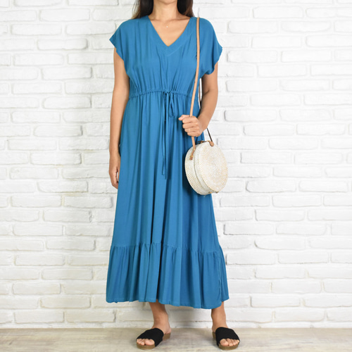 ブルブブ⭐︎ワンピース☆ブルー⭐︎SSS 再販 大人のワンピース！フレンチスリーブフリルワンピース Vネック