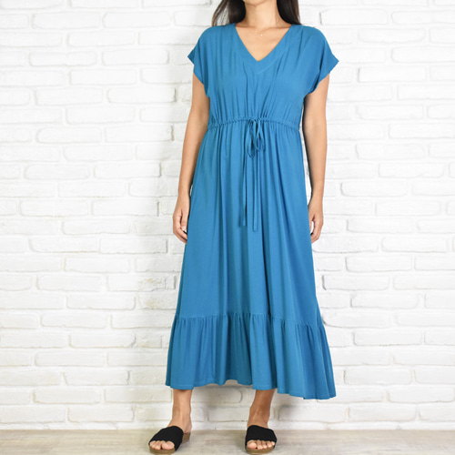 再販 大人のワンピース！フレンチスリーブフリルワンピース Vネック