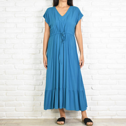 【大碼】成人裝！法式袖褶邊連衣裙 V領連衣裙 藍色 第1張的照片