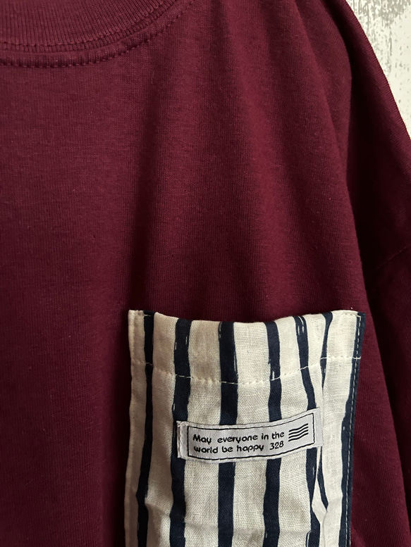 夏ダブルガーゼストライプパッチポケット付きエンジ色cotton100%ロングTシャツ 3枚目の画像
