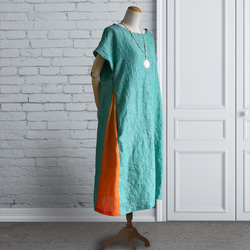 PSNY 亞麻玉綠漸層側邊抽褶連身裙法式袖 AP11 第2張的照片
