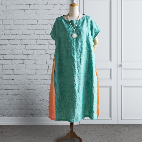 PSNY 亞麻玉綠漸層側邊抽褶連身裙法式袖 AP11 第8張的照片