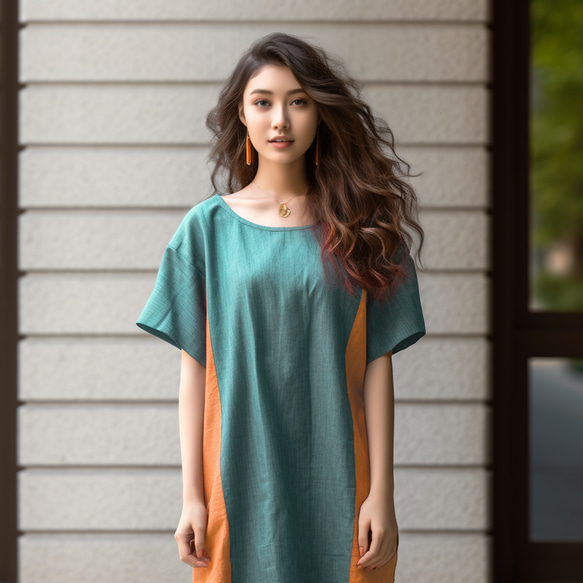 PSNY 亞麻玉綠漸層側邊抽褶連身裙法式袖 AP11 第1張的照片