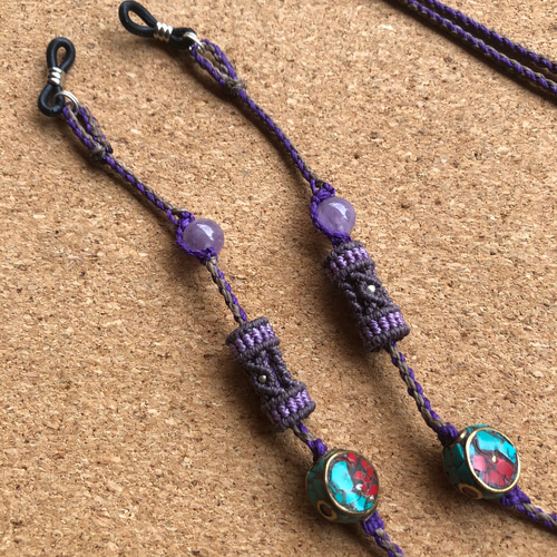 天然石【ラベンダーアメジスト+チベタンビーズ】 マクラメメガネ  