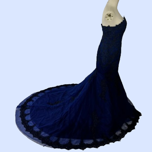 ネイビー フリル刺繍ドレス ネイビー 花柄刺繍 フリル袖 ドレス