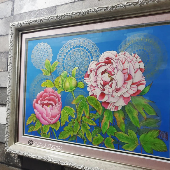 原画 1点もの 額装付き 色鉛筆画 ボールペン画 日本人作家 牡丹 花の絵 32cm×42.5cm 絵画 絵 アート 3枚目の画像