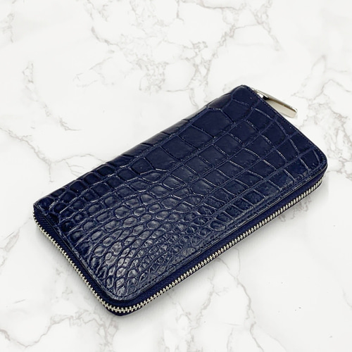 未使用 極美品 クロコダイル 長財布 L字ファスナーエキゾチックレザー ブルー 日本製 クロコダイル マット仕上げ ネイビー 上質 長財布 ロング
