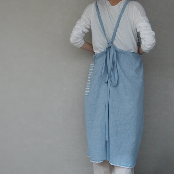 圍裙連衣裙☆棉麻藍條紋工裝褲 第5張的照片