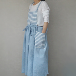 圍裙連衣裙☆棉麻藍條紋工裝褲 第1張的照片