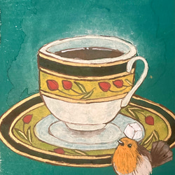 ティータイムの日本画　ブレンドコーヒー/インテリアアート　カフェ　　レトロ　小鳥の絵　おしゃれ 2枚目の画像