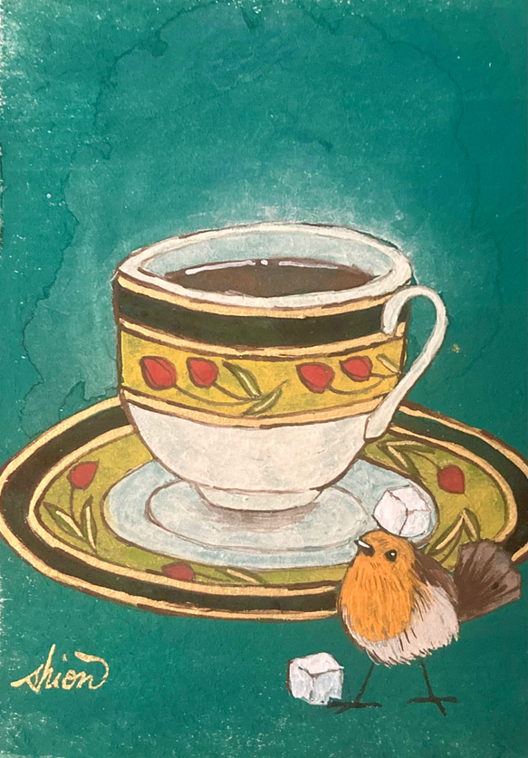 ティータイムの日本画　ブレンドコーヒー/インテリアアート　カフェ　　レトロ　小鳥の絵　おしゃれ 2枚目の画像