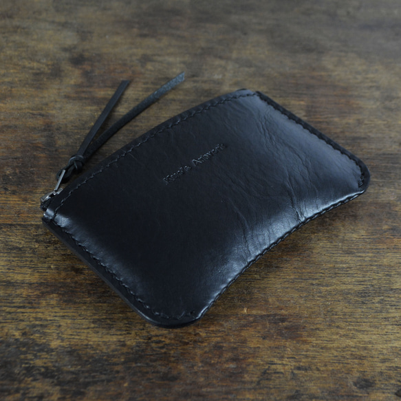 【鞹】Kuo's artwork 義大利協會認証植鞣革黑色手縫零錢包/拉鍊錢包/卡片包 第3張的照片
