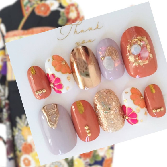 和柄 菊×赤 ネイルチップ 和装/結婚式/前撮り 成人式/振袖/袴着物/卒業式