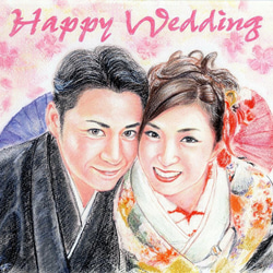 水彩画　アート　ポスター　似顔絵 手描き似顔絵ウェルカムボード（水彩＆色鉛筆）B4サイズ イラスト solo