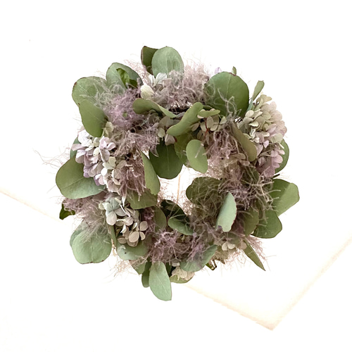 ユーカリポポラスと紫陽花のフライングリース/ドライフラワー ユーカリポポラスと紫陽花のフライングリース/ドライフラワー