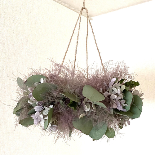 ユーカリポポラスと紫陽花のフライングリース/ドライフラワー ユーカリポポラスと紫陽花のフライングリース/ドライフラワー