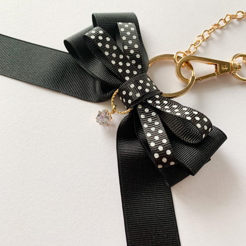 削除あり　ジューシークチュール　リボン　ハートチャーム付き　バッグ　ブラック ハートチャームと水玉リボンのバッグチャーム/ブラック/608-1