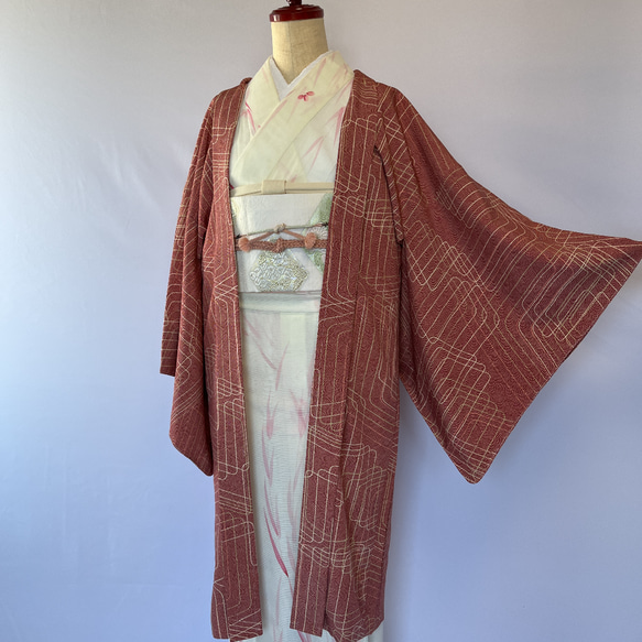 新品 正絹 単衣 女物 長羽織 落ち着いた赤 着物 haori しば田（お休み 