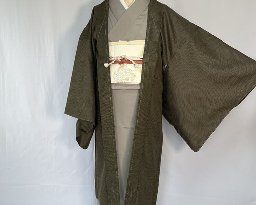 紬着物 単衣 浮き織 めがね織 付下げ柄 正絹 灰薄茶色 広衿 未使用品 紬着物 単衣 浮き織 めがね織 付下げ柄 正絹 灰薄茶色 広