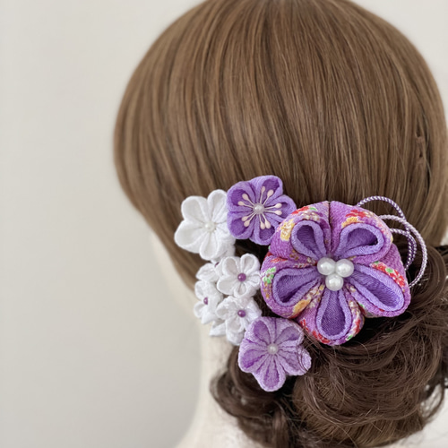 つまみ細工とお花の髪飾りパープル系セット