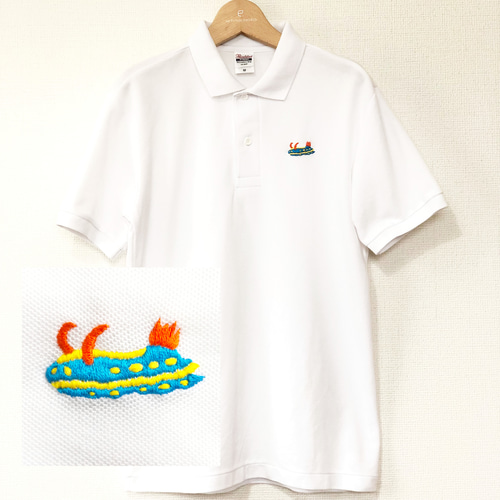 ウミウシ刺繍のポロシャツ UVカット SS～Lサイズ（白） シャツ 糸+人+