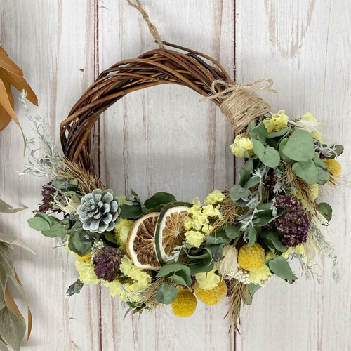 ライムスライスのイエローリース:ドライフラワーリース リース 花