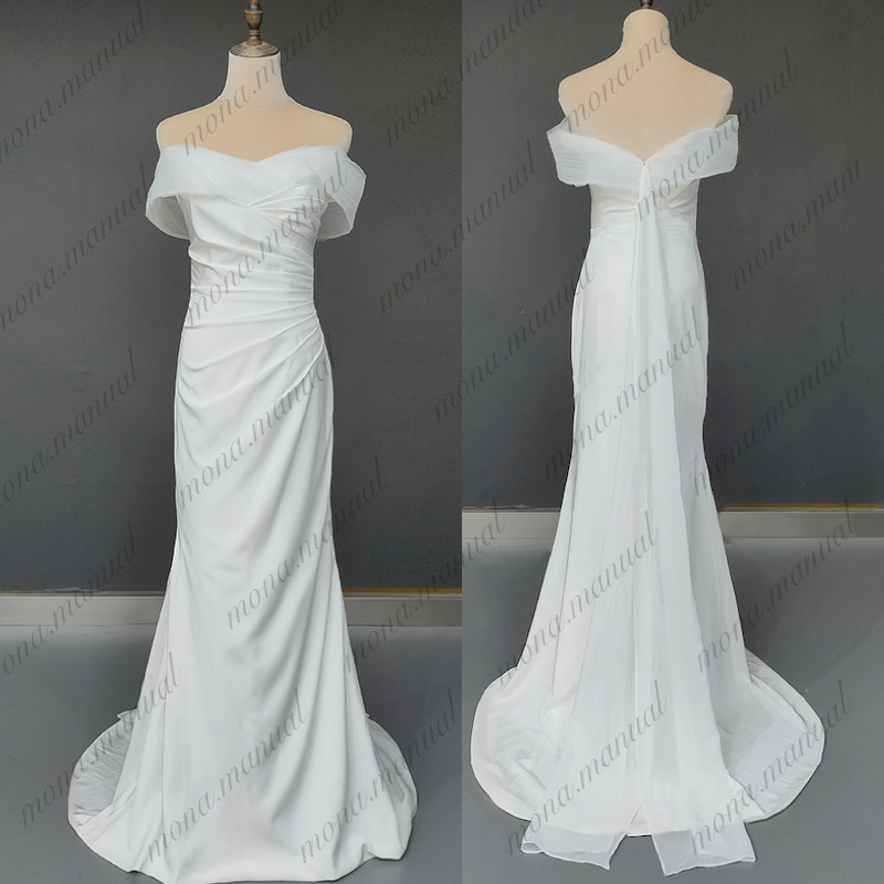 シンプル マーメイドライン オフショルダー ウェディングドレス 504