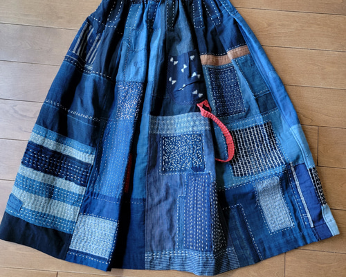 千愛の森手作りハンドメイド藍染古布大魚個性スカート