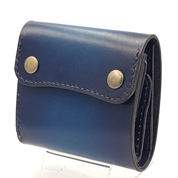 手縫い仕立て 三つ折りミニウォレット ミニ財布 ブルー×ディープブルー グラデーションカラー 1枚目の画像