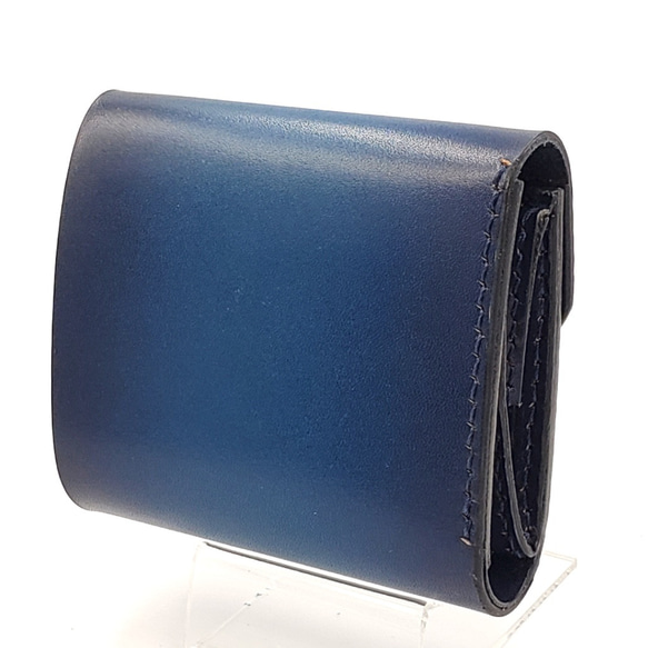 手縫い仕立て 三つ折りミニウォレット ミニ財布 ブルー×ディープブルー グラデーションカラー 2枚目の画像