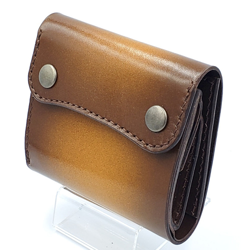 手縫い仕立て 三つ折りミニウォレット ミニ財布 キャメル×ディープ  