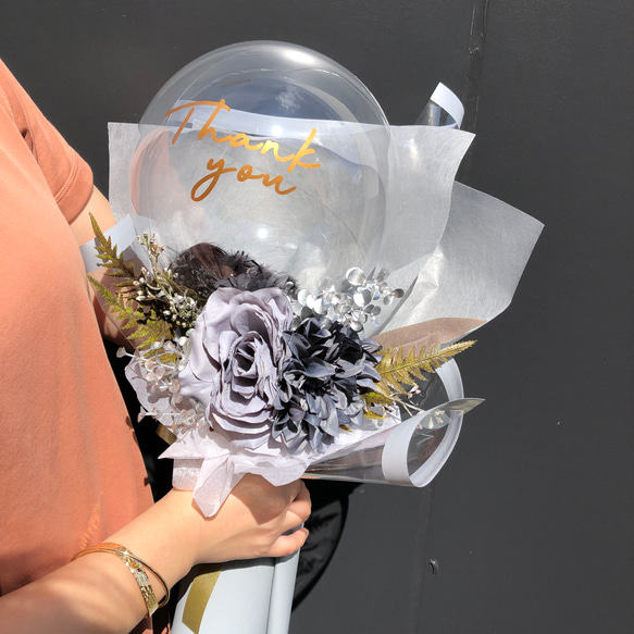 【スモーキーブルー/アクアフェザーブーケ】手持ちバルーン　花束　結婚式　謝恩会　卒業　お祝い　父の日 3枚目の画像