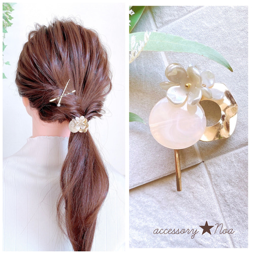 パール フラワー の ポニーフック / ヘアアクセサリー 花 パール フラワー の ポニーフック / ヘアアクセサリー 花