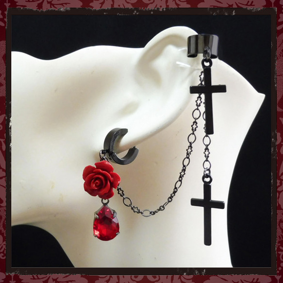 薔薇 バラ ばら ローズ 十字架 クロス ピアス イヤリング 赤レッド
