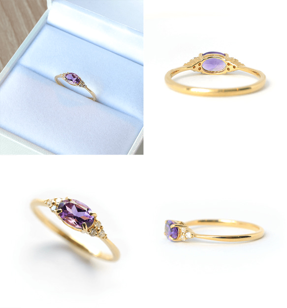 紫水晶和鑽石 K18 戒指橢圓形切割 ~Ello Ulmia~ 二月生日石 第9張的照片