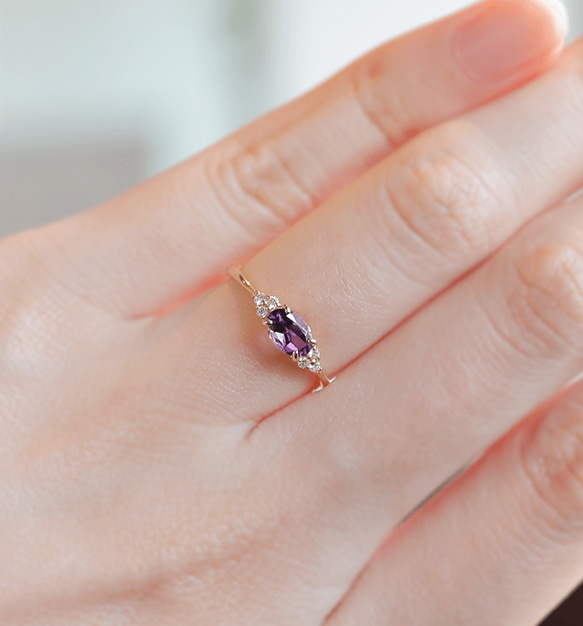 紫水晶和鑽石 K18 戒指橢圓形切割 ~Ello Ulmia~ 二月生日石 第3張的照片