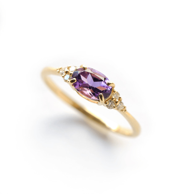 紫水晶和鑽石 K18 戒指橢圓形切割 ~Ello Ulmia~ 二月生日石 第1張的照片