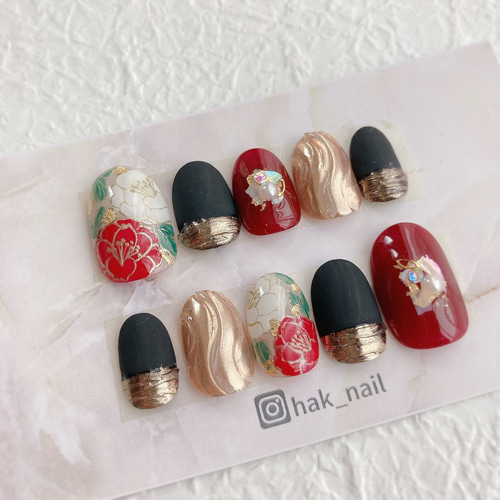 ネイルチップ赤 成人式ネイル 振袖ネイル 前撮り 和柄 赤 【サイズ