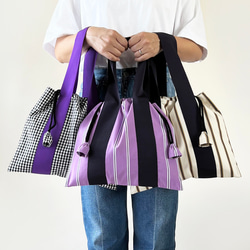 ストライプ＆チェックのミディアム巾着バッグ 2枚目の画像