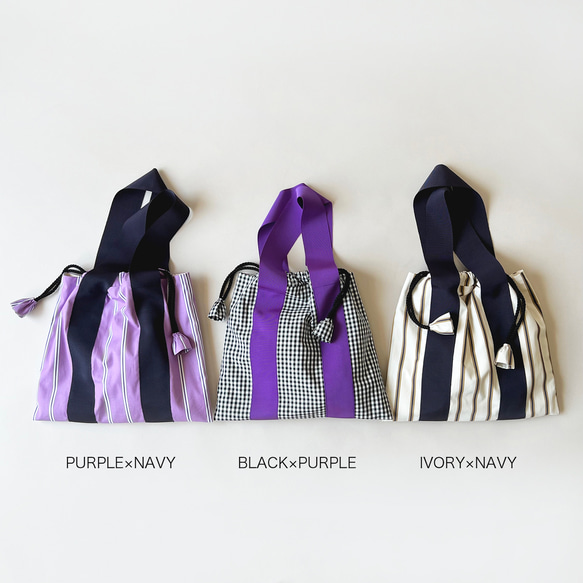 ストライプ＆チェックのミディアム巾着バッグ 3枚目の画像