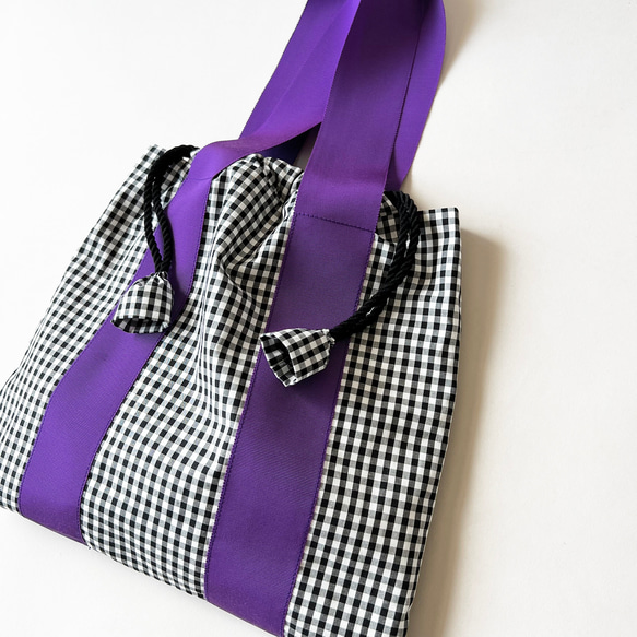 ストライプ＆チェックのミディアム巾着バッグ 13枚目の画像