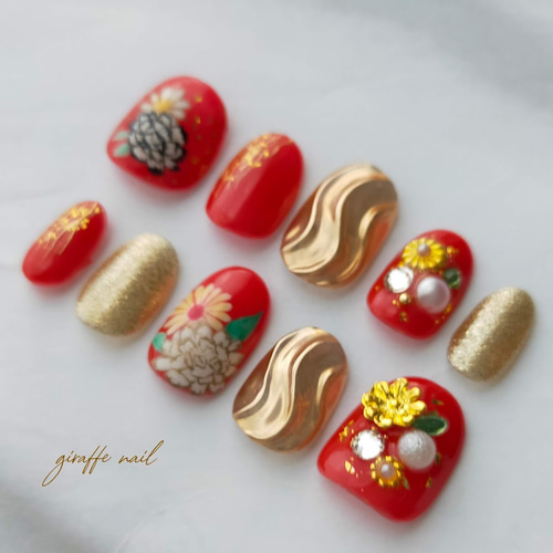 ネイルチップ ニュアンス卒業式成人式 前撮り 振袖 袴 着物 和柄 赤